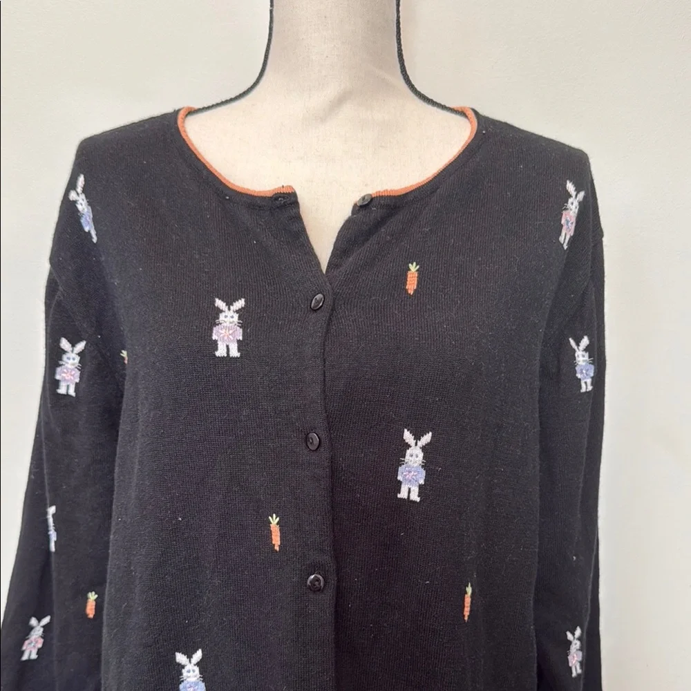 Quacker Factory Black Cardigan with Bunny Embroidery